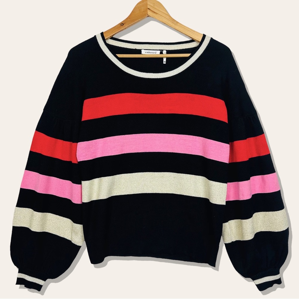 Embossed Metallic Striped Puffy Balloon Sleeve Ribbed Crewneck Pullover Sweater